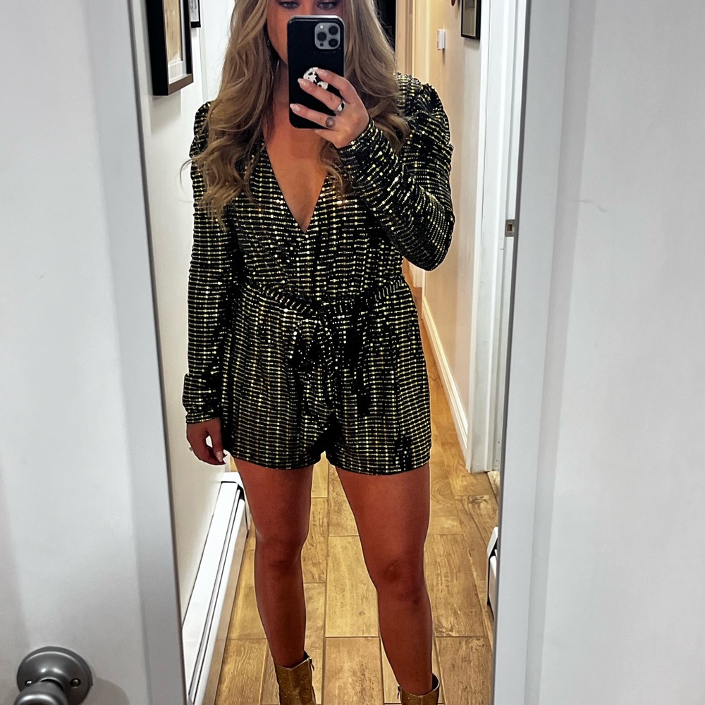 Lulus Bettie Gold Metallic Long Sleeve Romper
